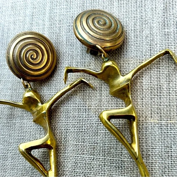 Vintage Brass Earrings Clip On Sculptural Modernist Ballet Dancer Ladies - Picture 3 of 11